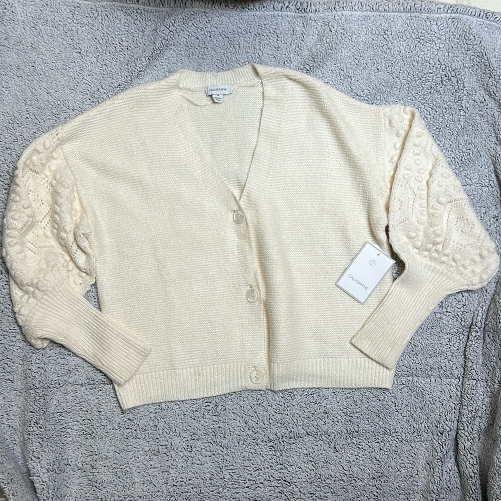 Calligraphie Popcorn Knit V Neck Cardigan Sweater Oversize Ladies Large Bubble